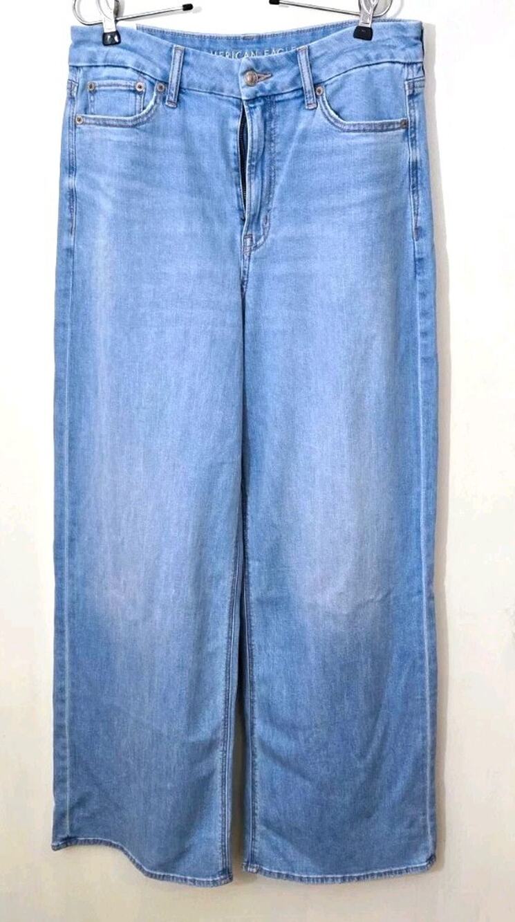 American Eagle Outfitters Light Wash Denim Wide-Leg Jeans Womens 10 Tall Stretch